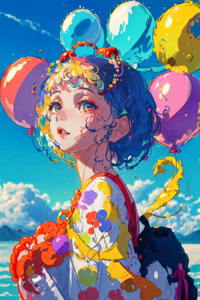 The image is a painting of a girl with blue hair and yellow eyes. She is wearing a yellow shirt with white sleeves and a black backpack. She has a bunch of colorful balloons tied to her head and is holding a red balloon in her hand. She is standing in front of a blue sky with white clouds. The painting is done in a realistic style and the colors are very vibrant.