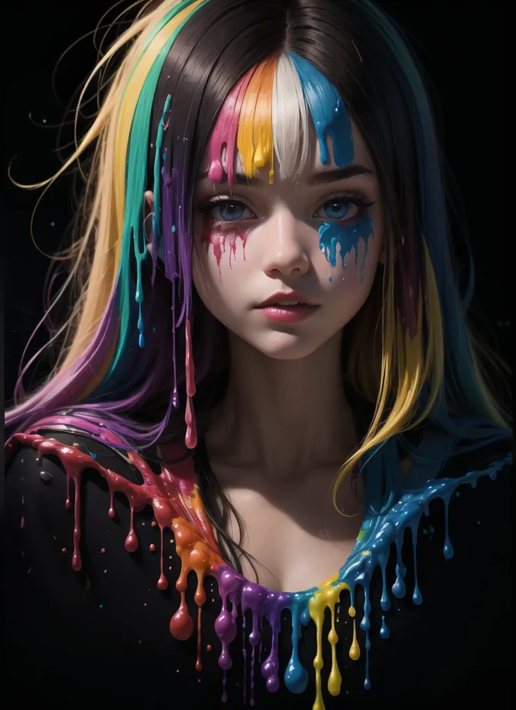 The image is a portrait of a young woman with long, flowing hair. Her hair is a rainbow of colors, with streaks of red, orange, yellow, green, blue, and purple. Her eyes are a deep blue, and her skin is pale. She is wearing a black dress, and the paint from her hair is dripping down her face and neck. She is looking at the viewer with a serious expression. The background is dark, with a few streaks of light.