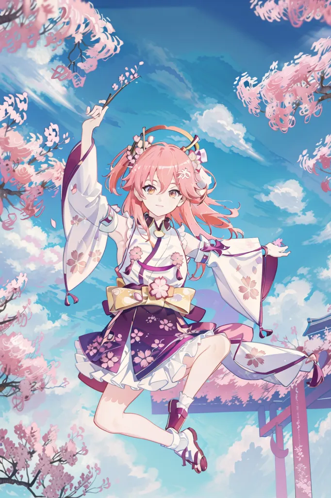 The image is of a young girl in a kimono jumping in the air. She has pink hair and yellow eyes, and she is wearing a white and purple kimono with a pink obi. The kimono is decorated with cherry blossoms, and she has a cherry blossom hairpin in her hair. She is also wearing white tabi socks and zori sandals. The background is a light blue sky with white clouds, and there are cherry blossom trees in the foreground. The girl is smiling and looks happy.