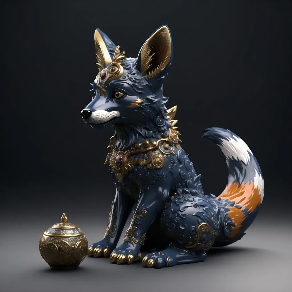 L'image est un rendu 3D d'un renard assis. Le renard est principalement bleu avec des accents dorés et oranges. Le renard porte un collier en or et a un joyau doré et bleu sur le front. Le renard est assis sur une surface gris foncé avec un récipient doré et bleu à côté de lui. L'arrière-plan est un dégradé gris foncé.