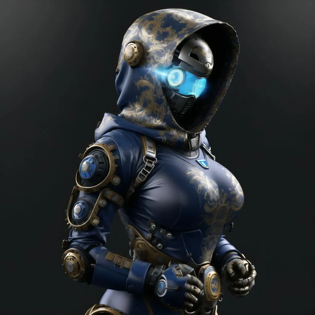 This is an image of a female video game character. She is wearing a blue and gold bodysuit with a hood. The bodysuit has a lot of detail, including gold filigree and rivets. She is also wearing a helmet with a visor. The helmet has a blue light on the forehead. The character is standing in a dark room, but there is a light shining on her from the left side of the image.