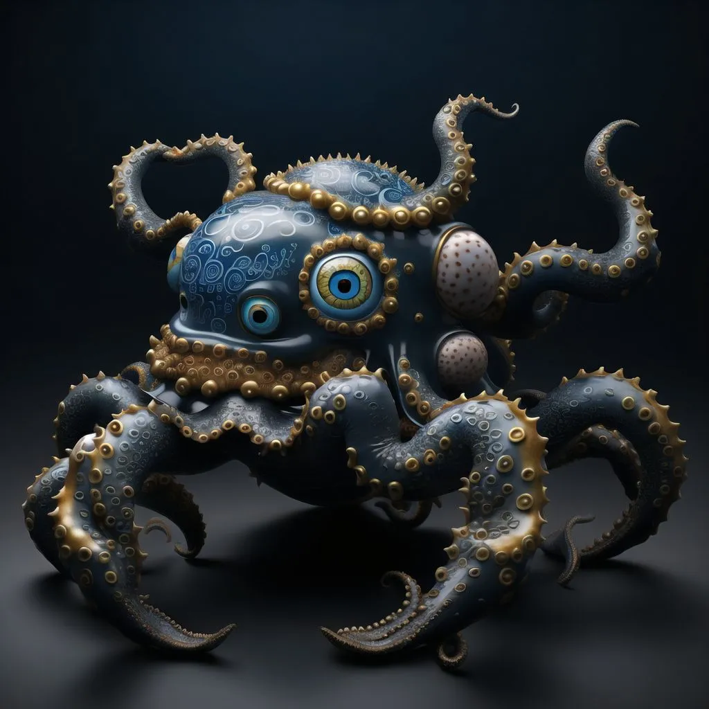 La imagen muestra un pulpo azul con ventosas y ojos dorados. El pulpo parece estar hecho de cerámica u otro material duro. Tiene una cabeza ancha y ocho tentáculos. El pulpo está sentado sobre una superficie oscura.