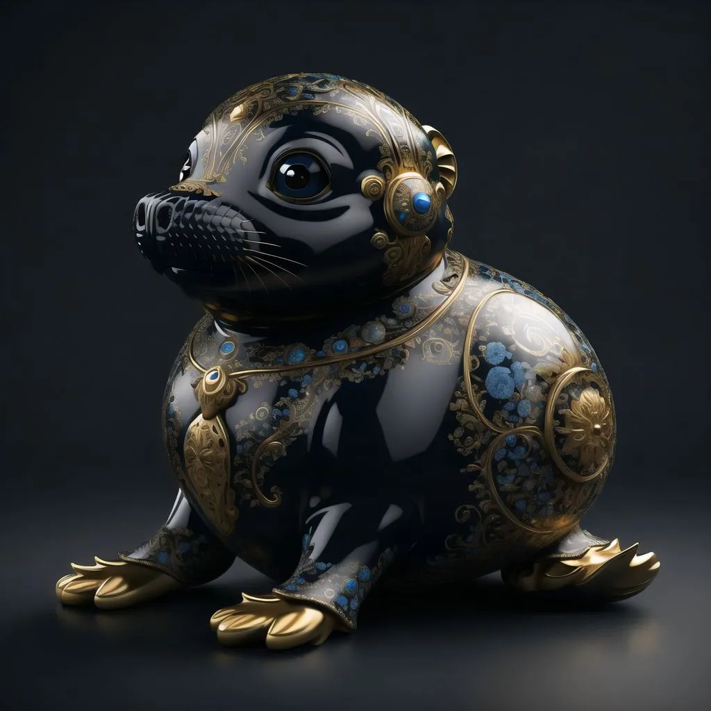 A imagem é uma renderização 3D de uma foca. Ela é preta com detalhes dourados e azuis. A foca está sentada sobre as suas patas traseiras com as patas dianteiras à sua frente. Ela tem um rosto pequeno e redondo com olhos grandes e azuis. O seu nariz é preto e brilhante. A foca está coberta por padrões e designs intrincados.