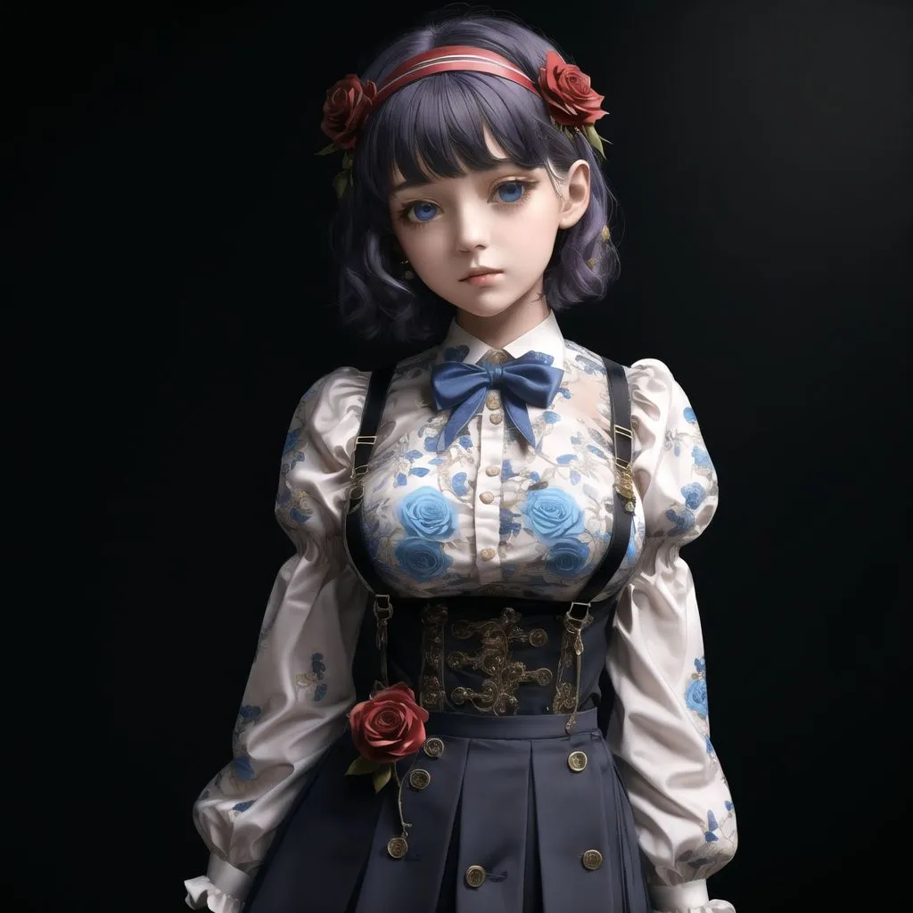 The image shows a young woman with blue hair and eyes. She is wearing a white blouse with a blue floral pattern and a blue bow tie. She is also wearing a pair of suspenders and a gray skirt. There are red roses in her hair and on her chest. She is standing in front of a dark background.