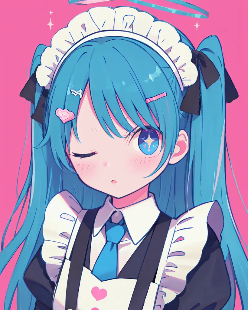 The image is a drawing of a young girl with blue hair and blue eyes. She is wearing a French maid outfit with a white headband, a black bow tie, and a white apron. She has a pink blush on her cheeks and is winking her right eye. There are two small pink heart-shaped objects on the right side of her head. The background is pink.