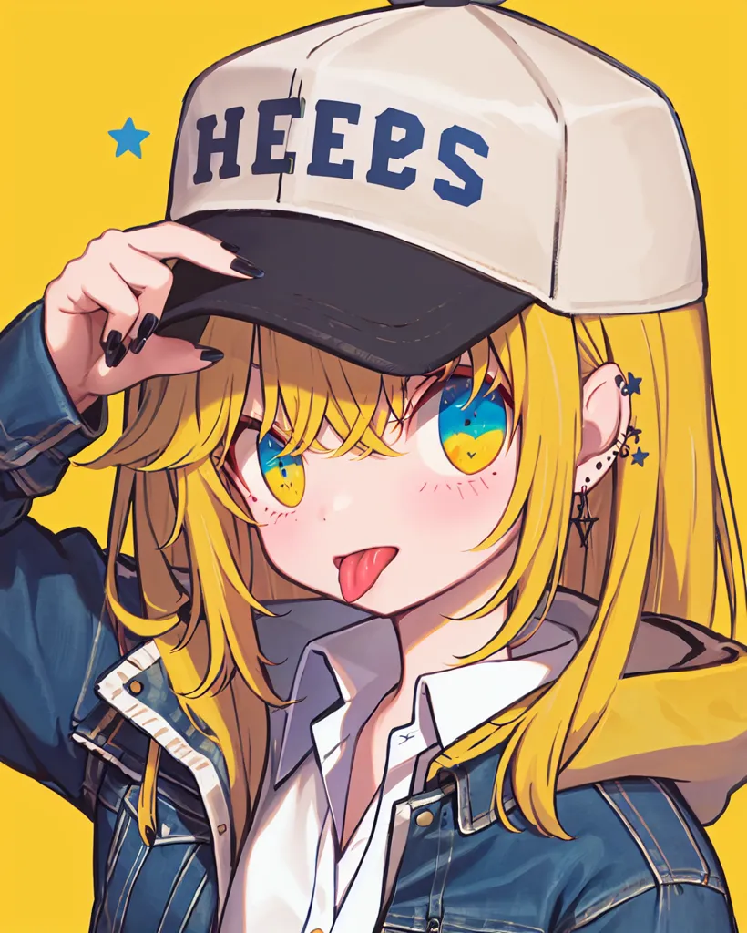 この画像は、青と白の帽子に「HEEPS」と書かれた金髪の少女が写っています。白いシャツと青いジャケットを着ており、舌を出して視聴者に向かって意地悪そうな表情をしています。青い目と黄色の髪の色をしており、左側の頭に2つの青い星があります。左の耳には銀のスタッドピアス、右の耳には2つのフープと1つのスタッドピアスが開けられています。