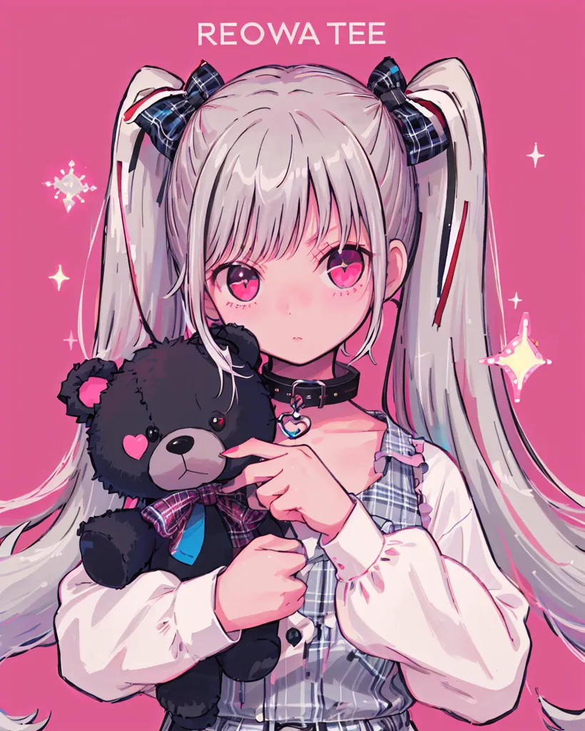 This is an image of a girl with long white hair and pink eyes. She is wearing a pink and white dress with a plaid pattern and a black choker with a heart-shaped clasp. She has two black bows in her hair and is holding a black teddy bear with a blue bow around its neck. The background is pink, and there are some small white stars and sparkles around the girl. The image is drawn in an anime style.