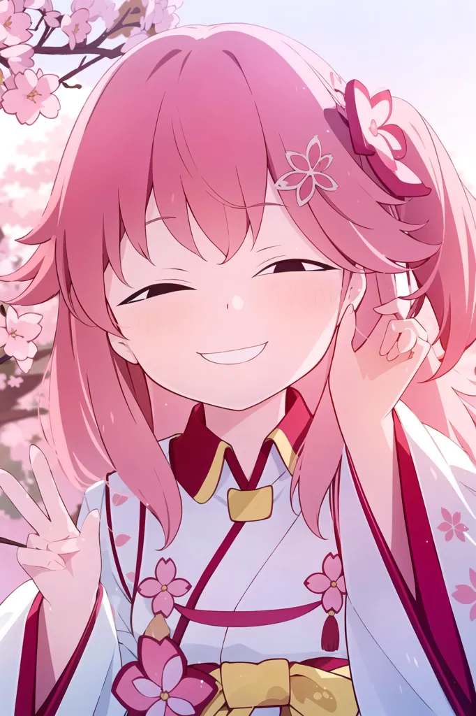 The image is of a young girl with pink hair and pink eyes. She is wearing a white kimono with a pink obi. The girl is smiling and has her hands raised in the air. She is standing in front of a cherry blossom tree. The background is a light pink color.