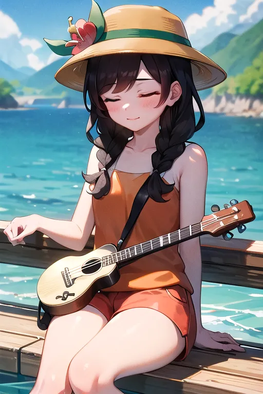 A young woman with long brown hair is sitting on a dock with her legs hanging over the edge. She is wearing a straw hat with a flower on it, a brown halter top, and orange shorts. She is playing a ukulele and has a happy expression on her face. The background is a bright blue ocean with a few small islands in the distance.