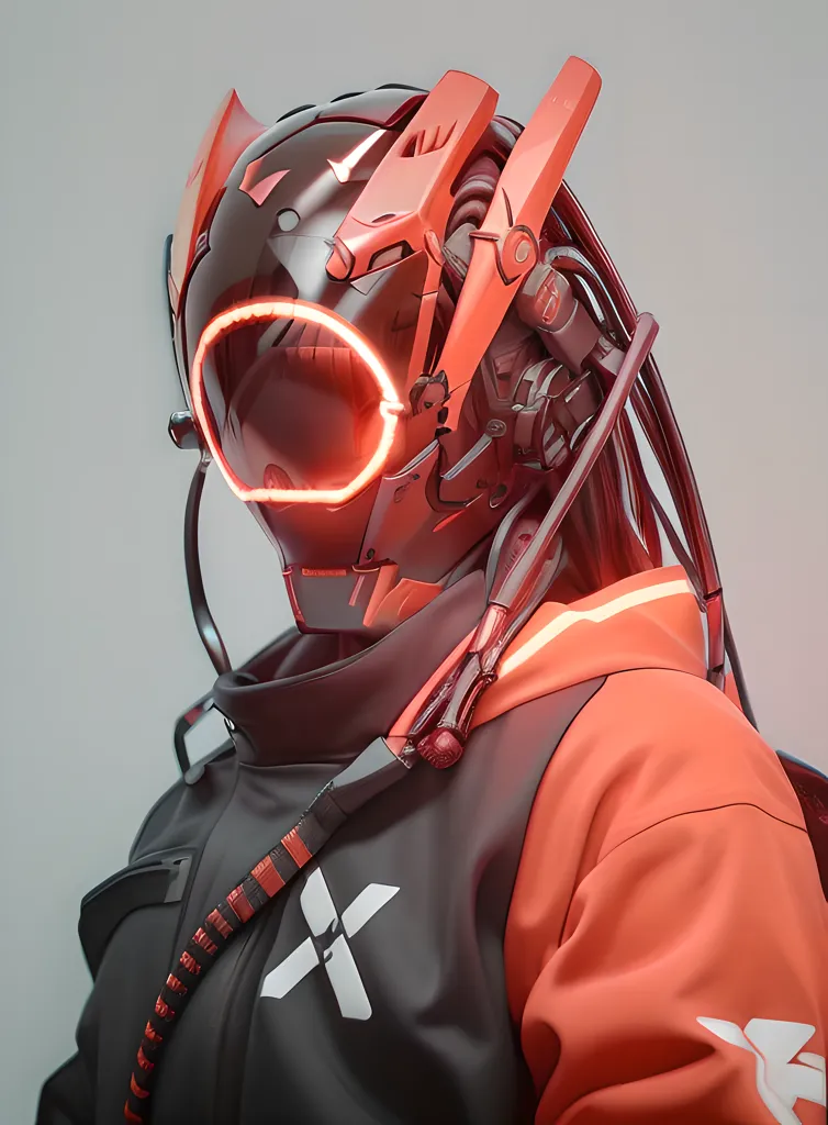 L'image est un portrait d'une personne portant un casque futuriste. Le casque est rouge et noir, avec une visière qui brille en rouge. La personne porte une veste noire avec des détails rouges et blancs. Ils ont une écharpe rouge et noire enroulée autour du cou. L'arrière-plan est gris clair.