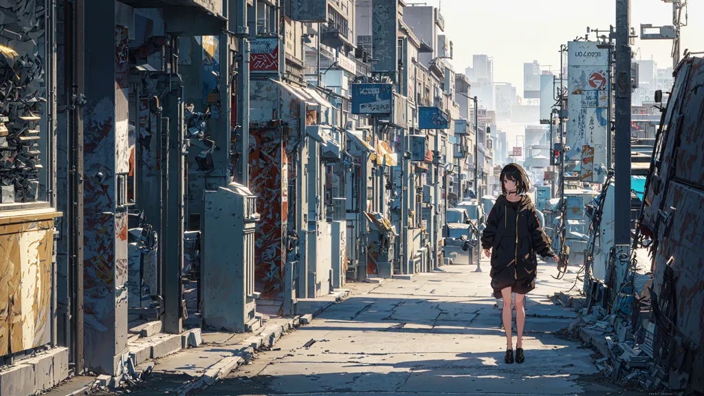 The image shows a long and narrow street in an urban area. The street is lined with tall buildings, most of which are in disrepair. The buildings are covered in graffiti and posters, and there is a lot of litter on the ground. The street is empty, except for a young woman who is walking away from the viewer. The woman is wearing a long black coat and a black hat. She has her hands in her pockets and she is looking down at the ground as she walks.