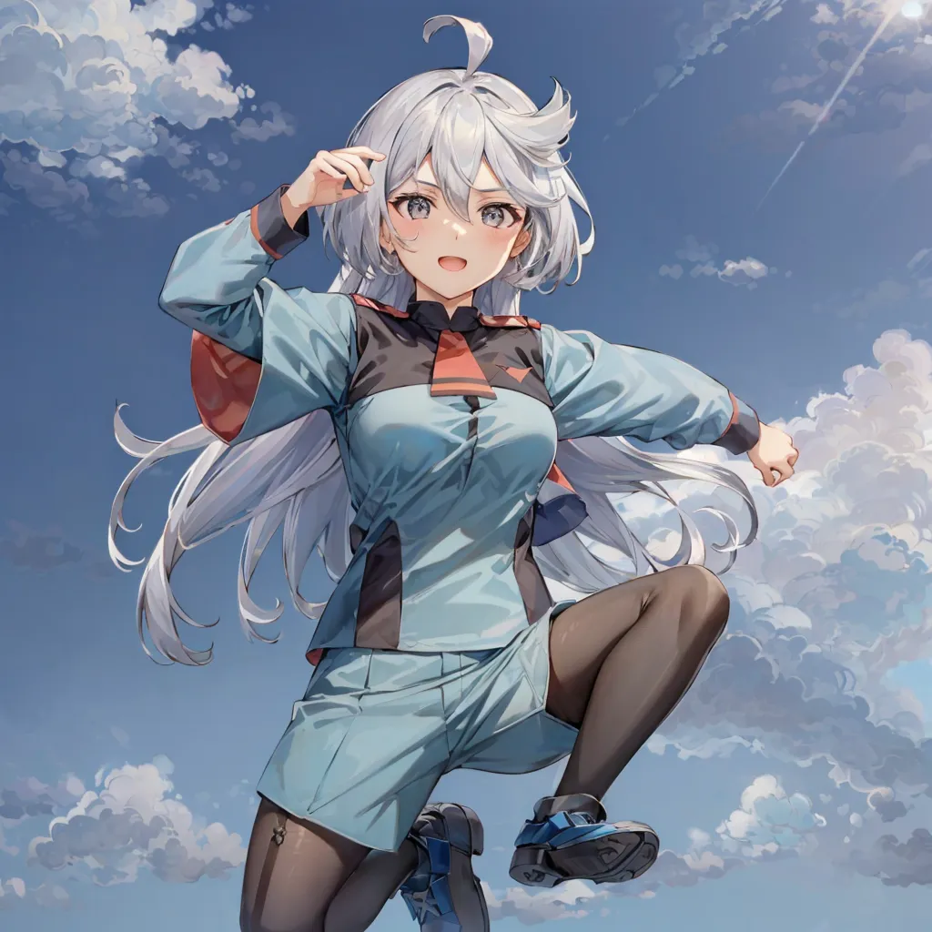 This is an illustration of a young woman with long white hair and purple eyes. She is wearing a blue and gray tracksuit with a white shirt underneath. She is also wearing black stockings and blue sneakers. She is jumping in the air with a happy expression on her face. The background is a blue sky with white clouds.