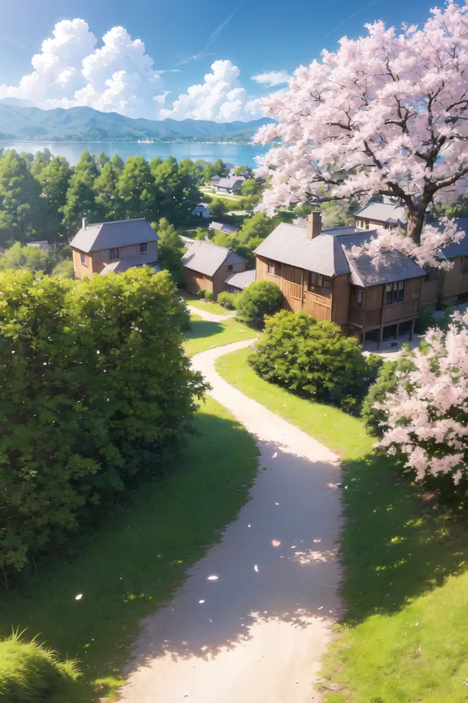 The image is a beautiful landscape of a small village in the mountains. The village is surrounded by lush green trees and there is a large cherry blossom tree in the foreground. The houses in the village are made of wood and have thatched roofs. There is a river running through the village and a small bridge leading to the village. The sky is blue and there are some white clouds. The image is peaceful and serene.