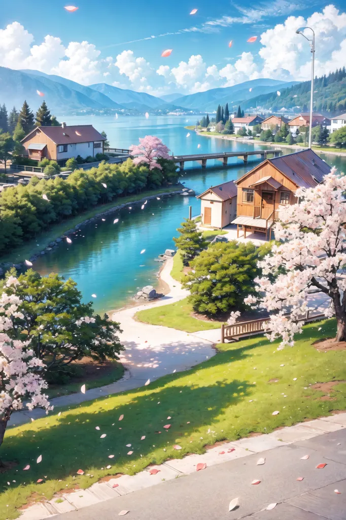 The image is of a beautiful lakeside town. The water is a deep blue color and surrounded by lush green trees. There are several houses on the shore, all of which are made of wood and have white trim. The houses are surrounded by flowers and trees. There is a bridge in the distance. The sky is a clear blue and there are a few clouds in the sky. There are also some birds flying in the sky. The image is very peaceful and relaxing.