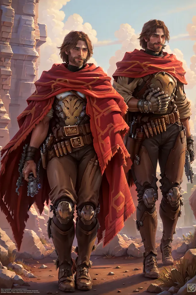 This image shows two men standing in a desert landscape. They are both wearing red and brown clothing and have guns holstered on their hips. They also have some kind of device attached to their right arms. The background of the image is a canyon with a large rock formation in the distance.