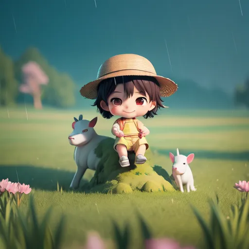 The image is of a small child wearing a straw hat and yellow overalls sitting on a rock in a grassy field. The child is smiling and has a pet goat standing on the rock next to them. There is a white rabbit sitting on the ground next to the rock. The background is a green field with a blue sky and white clouds. It looks like it is raining in the image.