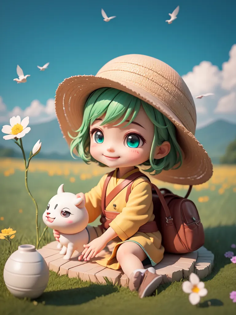 The image is of a chibi character sitting on a rock in a field of flowers. The character is wearing a yellow shirt, brown bag, and straw hat. They have green hair and blue eyes. There is a white cat sitting beside them. The background is a blue sky with white clouds. There are also some flowers and birds in the background.