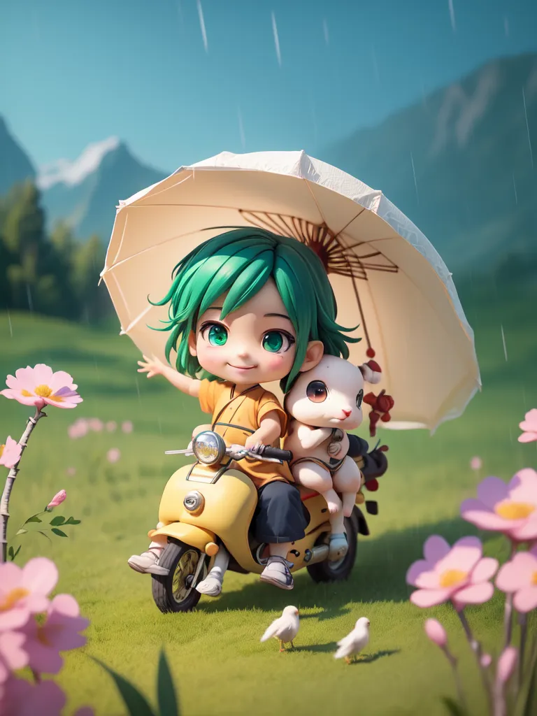 A small child with green hair is riding a yellow scooter through a grassy field on a rainy day. The child is wearing a yellow shirt and brown pants and is holding a white umbrella. A small white creature with rabbit ears is riding on the back of the scooter. The creature is wearing a red scarf. There are pink flowers on either side of the scooter. In the background, there are tall mountains covered with snow.