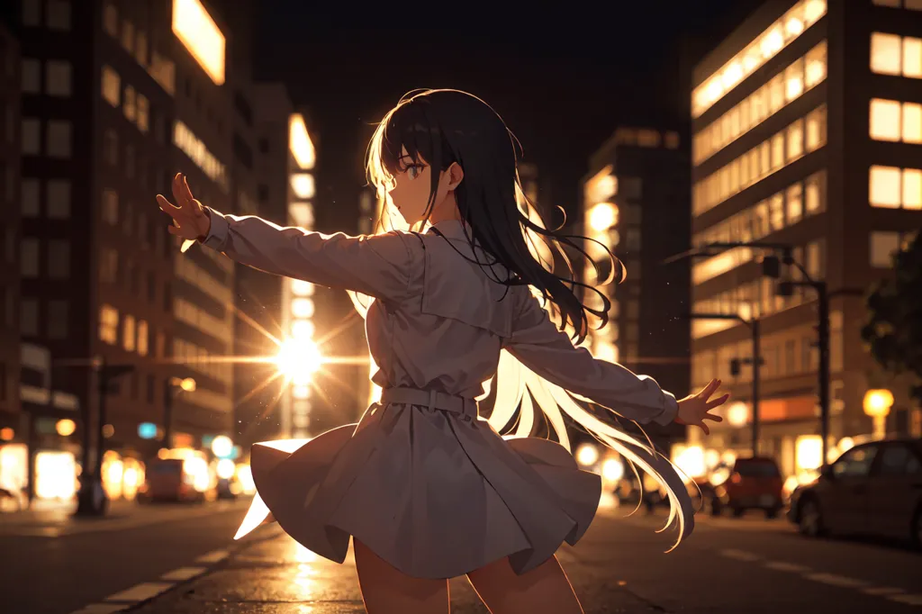 The image is a night scene of a city street. The street is lit by the lights of the buildings and the cars. There is a girl in the middle of the street. She is wearing a white dress and has long black hair. She is facing away from the viewer, but her head is turned slightly to the right, as if she is looking back at something. The girl's arms are outstretched to the sides, as if she is embracing the city. The image is full of movement and energy. The girl's hair is blowing in the wind, and her dress is swirling around her. The lights of the city are reflected in her eyes. The image is a beautiful and evocative depiction of a young girl enjoying the freedom of the city at night.