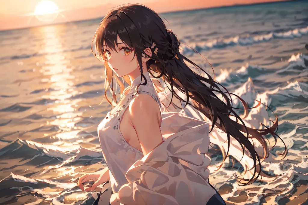 The image shows a beautiful anime girl with long brown hair and brown eyes. She is wearing a white shirt and black shorts. She is standing in the ocean, the waves coming up to her waist. She is looking off to the side, away from the camera. The sun is setting behind her, casting a golden glow over the scene. The sky is orange and the water is dark. The waves are capped with white foam. The girl is illuminated by the setting sun. She is in a peaceful and contemplative mood.