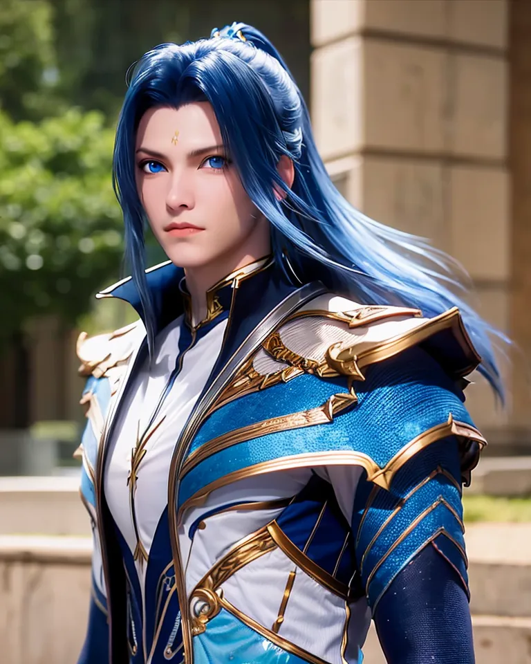 The picture shows a young man with long blue hair and blue eyes. He is wearing a white and blue outfit with gold trim. The outfit has shoulder pads and a high collar. He has a sword on his left hip. He is standing in a courtyard with a building in the background.