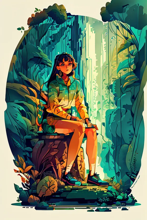 The image is a digital painting of a young woman sitting on a rock in a lush forest. The woman is wearing a green jacket, yellow shirt, and blue sneakers. She has long brown hair. The forest is full of green plants and trees. There is a blue river in the background. The painting has a warm and inviting atmosphere.