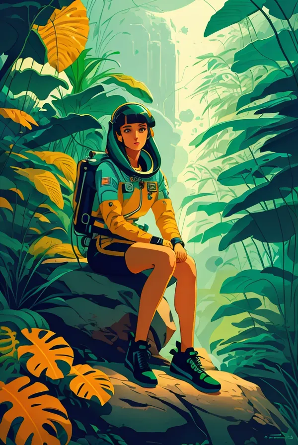 This is an image of a young girl in a spacesuit sitting on a rock in a jungle. She is looking to the right of the frame. She is wearing a yellow and green spacesuit with a clear bubble helmet. She has a backpack on her back and a gun on her hip. The jungle is dense and green, with large leaves and vines. There is a waterfall in the background.