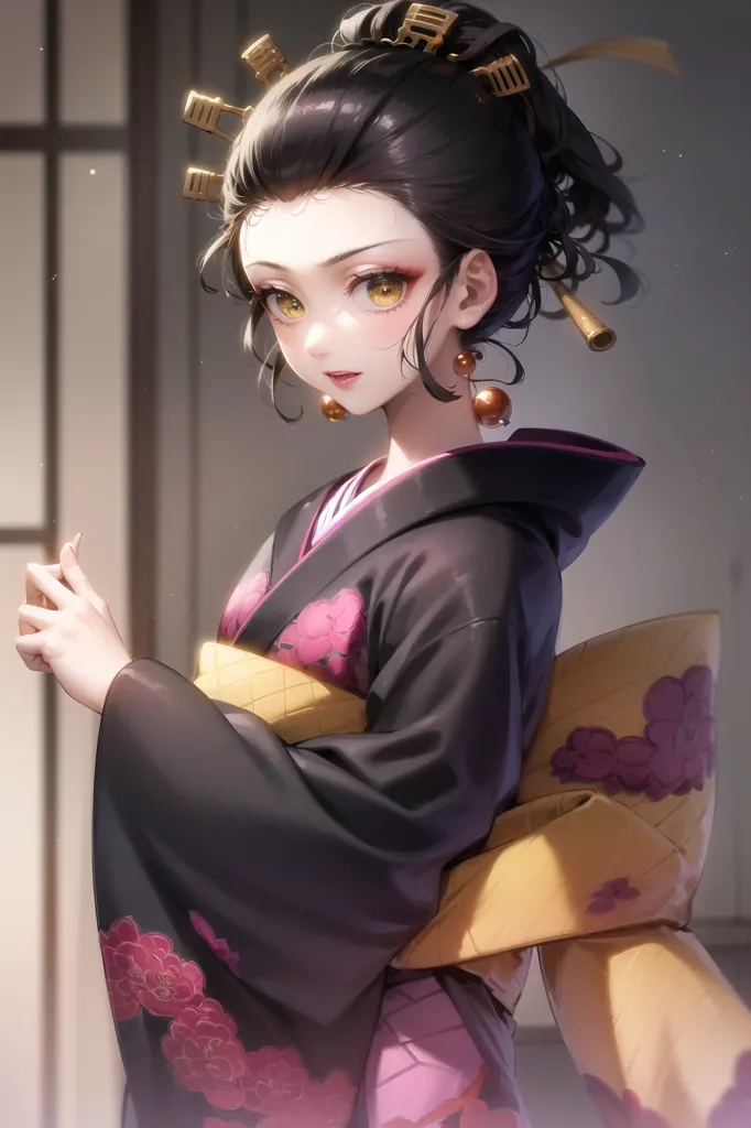 The image is a portrait of a young woman with long black hair and yellow eyes. She is wearing a traditional Japanese kimono with a floral pattern and a yellow obi. The woman is standing in a traditional Japanese room with a shoji screen in the background.