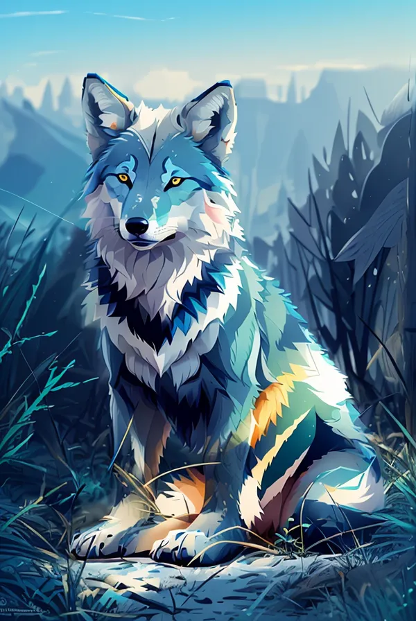 The image is a digital painting of a wolf. The wolf is sitting on a rock in a field of grass. The background is a mountain range. The wolf is blue and white with yellow eyes. The painting has a painterly style and looks like it was made with oil paints.