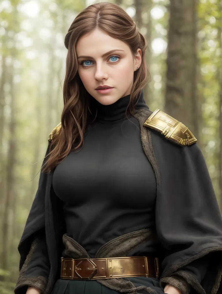 This is an image of a beautiful young woman with long brown hair and blue eyes. She is wearing a black turtleneck blouse with gold shoulder pads and a brown belt with a gold buckle. She is standing in a forest, and she has a confident expression on her face.