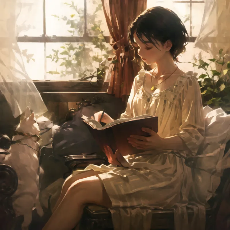 The image shows a young woman sitting on a chair in front of a window. She is wearing a white dress and has short brown hair. She is reading a book and has a cat sitting next to her. The cat is white and has black stripes. The window is covered in vines and there are plants growing on the windowsill. The sun is shining through the window and creating a warm and peaceful atmosphere.