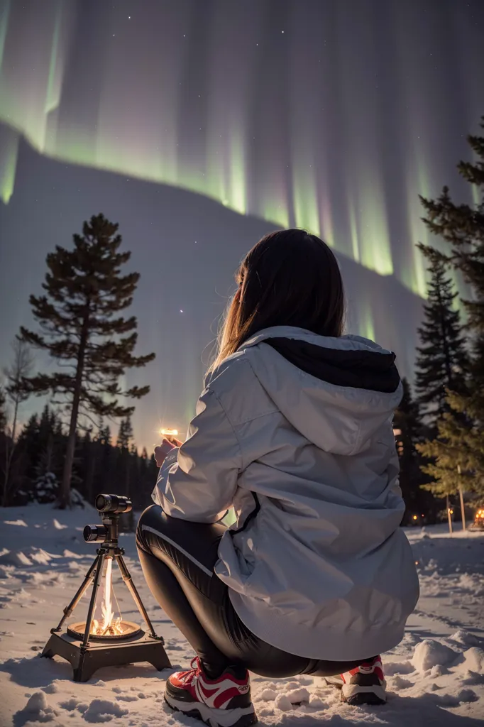 La imagen es de una mujer arrodillada en la nieve y mirando la aurora boreal. Lleva una chaqueta blanca, pantalones negros y zapatillas rojas y blancas. Tiene las manos en forma de taza alrededor de una pequeña hoguera. Hay un trípode colocado a su lado con una cámara encima. La aurora boreal es verde y blanca y se refleja en la nieve. Hay árboles en el fondo. El cielo es de color azul oscuro.