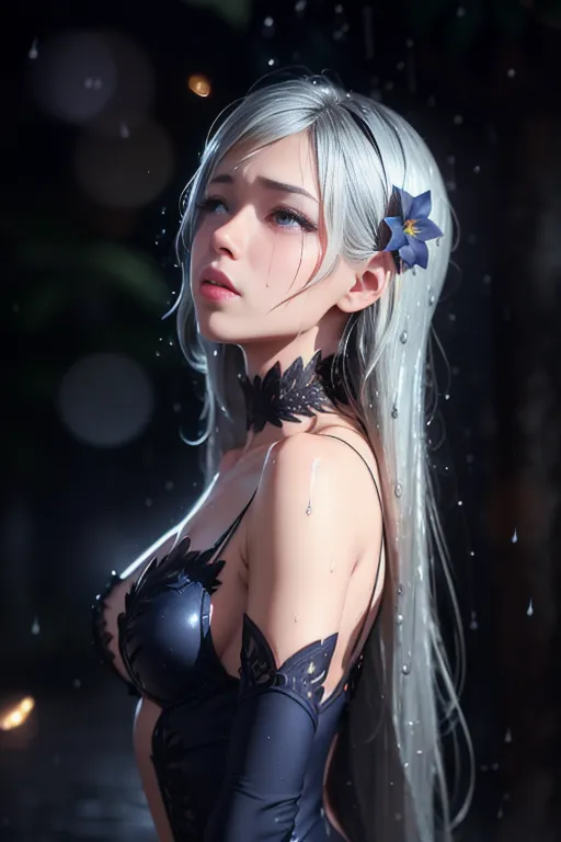 The picture shows a beautiful young woman with long silver hair and blue eyes. She is wearing a black dress with a low neckline and a choker around her neck. She is standing in the rain, and her hair and clothes are wet. She has a sad expression on her face, and it looks like she is about to cry.