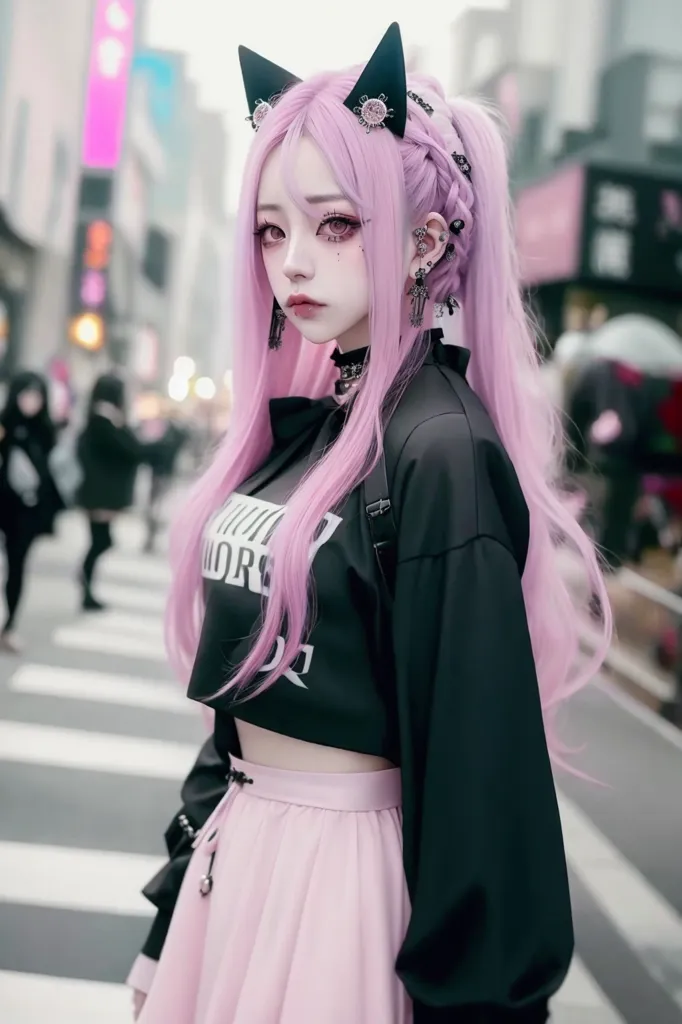 A imagem mostra uma jovem mulher com cabelo rosa e orelhas de gato pretas. Ela está usando uma blusa curta preta com um colarinho rosa e uma saia plissada rosa. Ela também está usando um casaco preto com detalhes rosa e brancos. A mulher está em pé em uma faixa de pedestres em uma cidade. Há pessoas andando ao fundo.