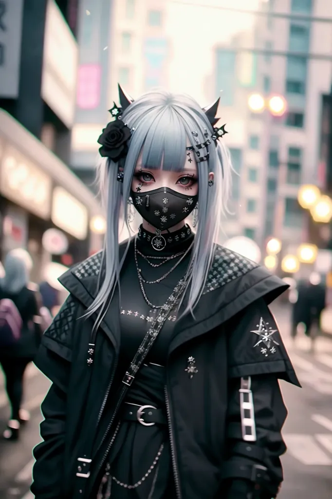 The picture shows a young woman, probably in her late teens or early twenties, with an urban, futuristic style. She has light blue hair styled in twintails and wears a black surgical mask with a metal nose piece. She is wearing a black jacket with a white T-shirt underneath. The jacket has several zippers and buckles and a black rose pinned to the lapel. She is also wearing a black choker with a silver pendant and several silver necklaces. On her head, she wears a pair of black headphones. She has black boots with white soles and black gloves. The background is blurred, but it looks like she is in a city.