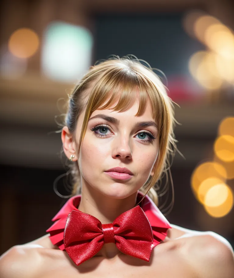 The picture shows a young woman with blonde hair and blue eyes. She is wearing a red bow tie. The background is blurred.