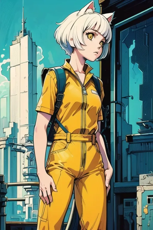 The image is a painting of a young woman with cat ears. She is wearing a yellow jumpsuit and a backpack and has white hair and yellow eyes. She is standing in a city with tall buildings and a blue sky.