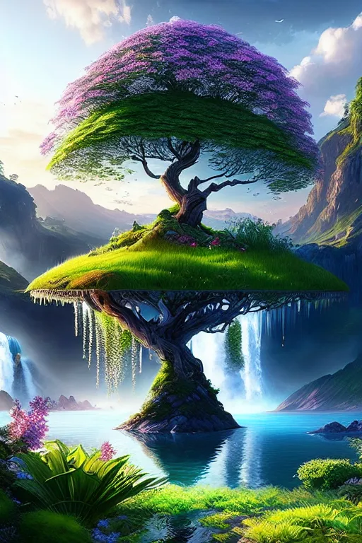 The image is a surreal and beautiful landscape. A giant tree with a lush green canopy and pink flowers grows on a small island in the middle of a lake. The water is crystal clear. There are waterfalls on both sides of the island, and a mountain range in the background. The sky is blue and cloudy.