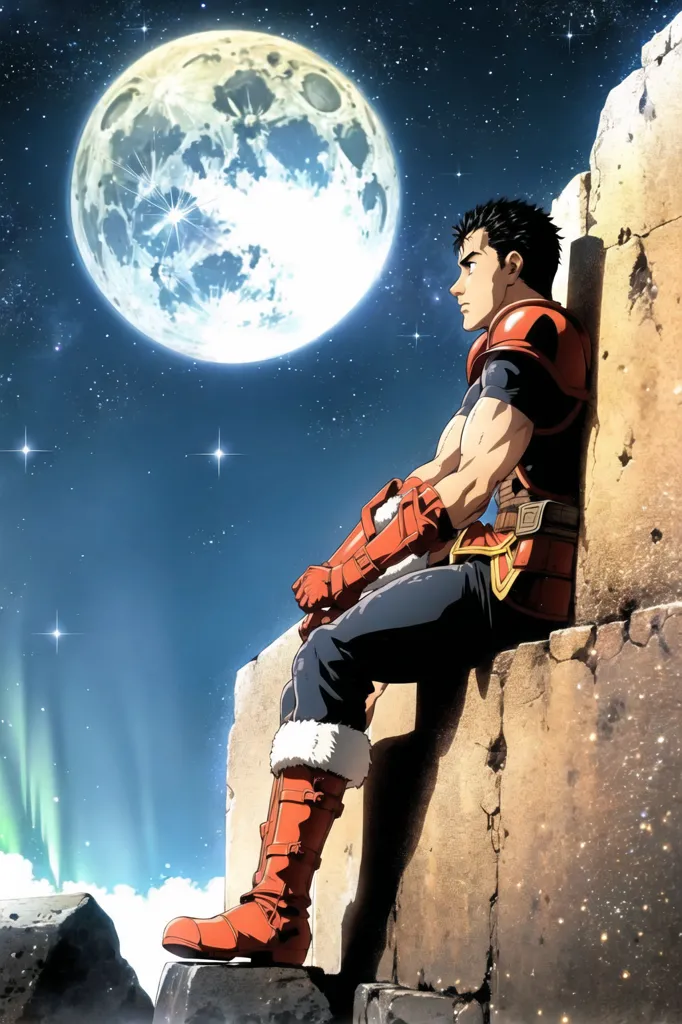 This is an image of a man sitting on a stone wall, looking up at the night sky. The full moon is shining brightly, and there are stars scattered across the sky. The man is wearing a red and blue outfit, and he has a sword sheathed at his waist. He has a determined look on his face, as if he is about to embark on a great journey.