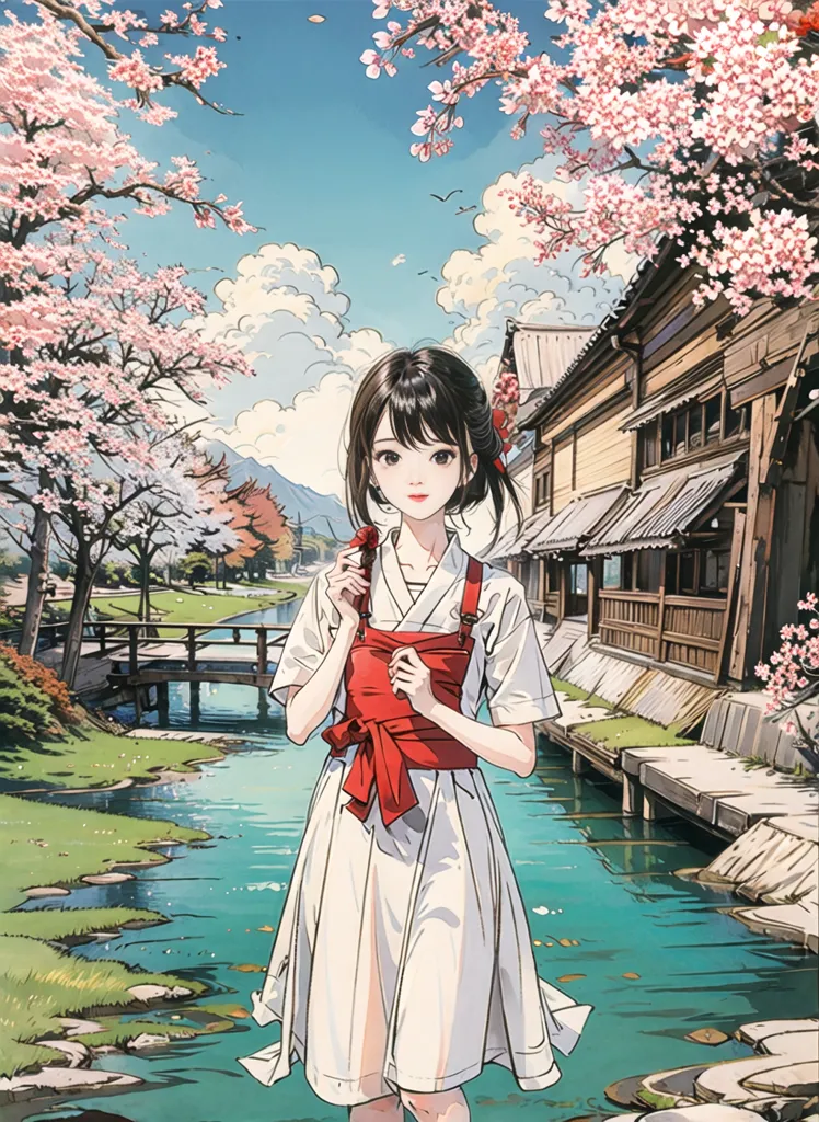 Esta imagen es de una mujer joven de pie sobre un puente sobre un río en un entorno tradicional japonés. La mujer lleva un kimono blanco con un obi rojo y tiene el cabello recogido en un moño. Está rodeada de flores de cerezo y hay casas tradicionales japonesas al fondo. La imagen es pacífica y serena.