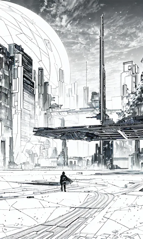 The image is a black and white sketch of a futuristic city. The city is made up of tall buildings and skyscrapers, with a large sphere in the background. There is a figure standing in the foreground, looking out at the city. The city is covered in snow.