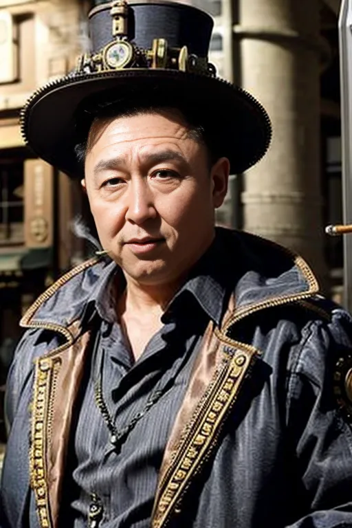 The image shows a man wearing a steampunk style hat and outfit. The hat is black with bronze gears and a clock on the front. He is wearing a black leather jacket with brown and gold accents. The jacket is open, showing a black vest and gray shirt underneath. He has a brown scarf around his neck and a cigar in his mouth. He is looking at the camera with a serious expression.