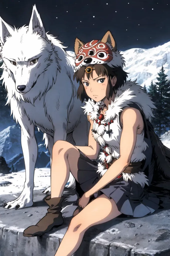 The image is of a young girl with brown hair and brown eyes. She is wearing a white wolf mask and a brown fur coat. She is sitting on a rock in a snowy forest. A large white wolf is standing next to her. The wolf has a scar on its left eye. The girl is looking at the wolf with a smile on her face. The wolf is looking at her with a gentle expression.