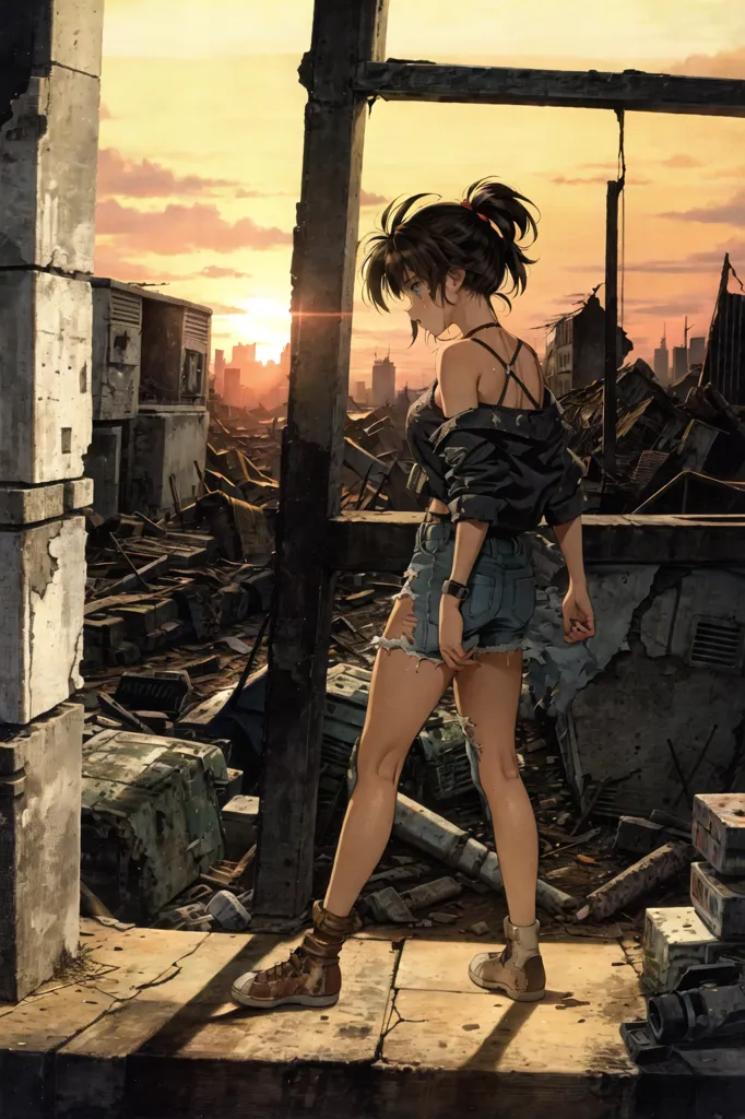 The image is of a young woman standing in a ruined city. The city is in ruins, with buildings destroyed and debris everywhere. The woman is wearing a tattered shirt and shorts, and she has a ponytail. She is looking at the ruined city with a sad expression on her face. The sun is setting in the background, casting a golden glow over the ruined city.