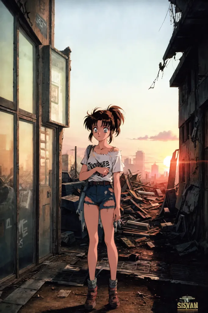 The image is an anime-style drawing of a young girl standing in a ruined city. The girl is wearing a tattered white shirt, blue jean shorts, and brown boots. She has a brown ponytail and brown eyes. She is looking at the viewer with a sad expression. The city is in ruins, with broken buildings and debris everywhere. The sky is orange, and the sun is setting. There is a large piece of debris floating in the air to the right of the girl.