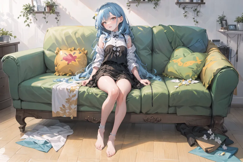 The image is a painting of a young woman with long blue hair sitting on a green couch. She is wearing a black dress with a white collar. The woman is barefoot and has her feet resting on the floor. There is a large window to her left letting in sunlight. There are plants on shelves on the wall behind her and a book and some papers on the floor by her right foot.