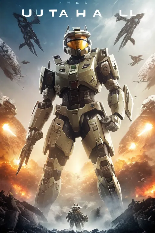 The image is a poster for a video game called "Halo 5: Guardians". It shows the main character, a Spartan soldier named Master Chief, standing in a heroic pose in front of a war-torn landscape. He is wearing his iconic green armor and is holding a gun. In the background, there are several Covenant ships flying in the sky. The poster is set in a dark and orange color scheme, and the overall tone is one of epic heroism.