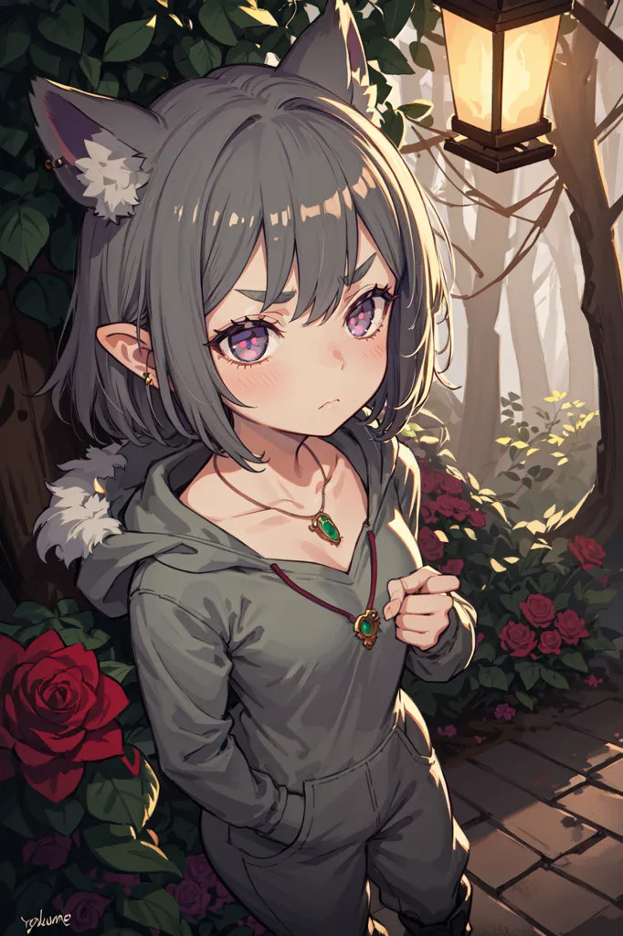 La imagen es de una chica con estilo anime con orejas de gato y ojos morados. Lleva una sudadera gris con un collar verde y tiene un pequeño rubor en las mejillas. Está de pie en un jardín con plantas verdes y rosas rojas, y hay una lámpara en el lado derecho de la imagen.