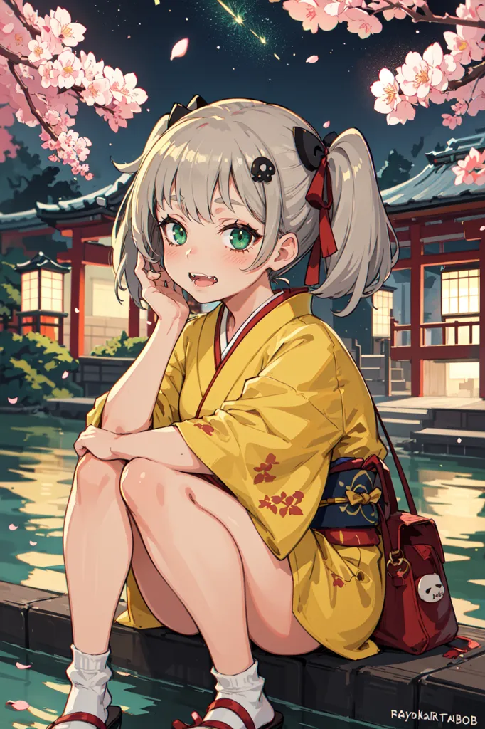 The image is of an anime girl with cat ears and twintails, wearing a yellow kimono with red and white floral patterns. She is sitting on a stone wall with her legs hanging off. She has a small red bag with a skull on it. There are cherry blossoms falling around her and a traditional Japanese house in the background.