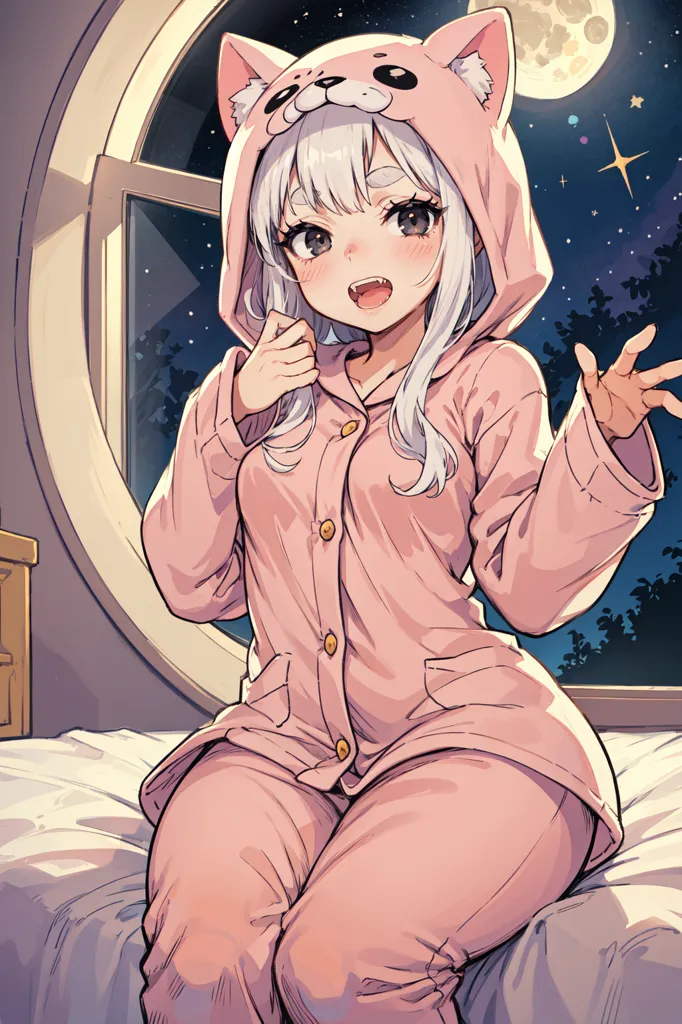 The image is of an anime girl with white hair and pink eyes. She is wearing a pink cat onesie with a hood. The onesie has cat ears and a tail. The girl is sitting on a bed in front of a window. The window is round and has a moon and stars in the background. The girl is smiling and has her hand up to her mouth. She is looking at the viewer.